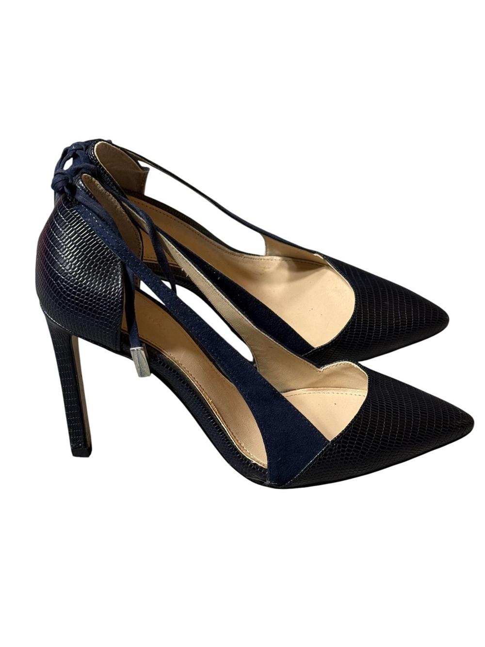 Zara Navy Blue Croc Embossed Suede Cutout Bow Stiletto Pumps Heels Sz 35